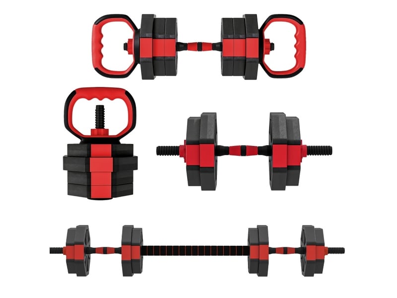  Haltères réglables 15 kg 100x18x18 cm – rouge – set 4-en-1 barre longue, kettlebell et poignées de pompe  - Conforama B