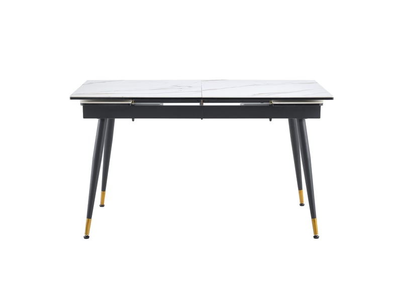  Table repas extensible, table à manger moderne, 140-200 cm, plateau blanc effet marbre, métal noir, détails dorés  - Conforama E