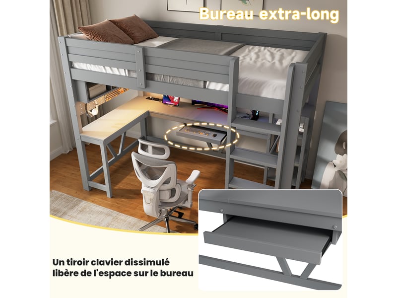  Lit mezzanine 90 x 200 cm – avec étagères de rangement – ​​avec tiroir pour clavier dissimulé – avec prise électrique – avec bande lumineuse led – gris (matelas non inclus)  - Conforama R