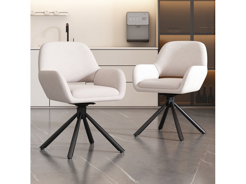  Chaise de salle à manger pivotante avec accoudoirs, lot de 6, design moderne en tissu sherpa blanc  - Conforama D