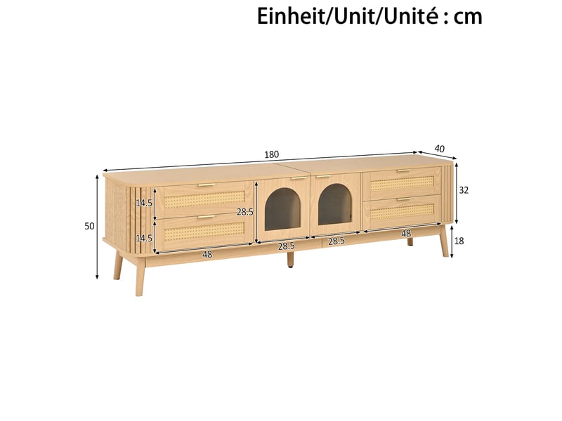  Meuble tv 180 x 40 x 50 cm avec 4 tiroirs, portes en verre de sécurité et led  - Conforama C