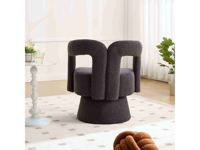  Fauteuil pivotant 360° 67x55x74 cm rembourrage épais confort accoudoirs enveloppant base métal bouclé gris foncé  - Conforama R