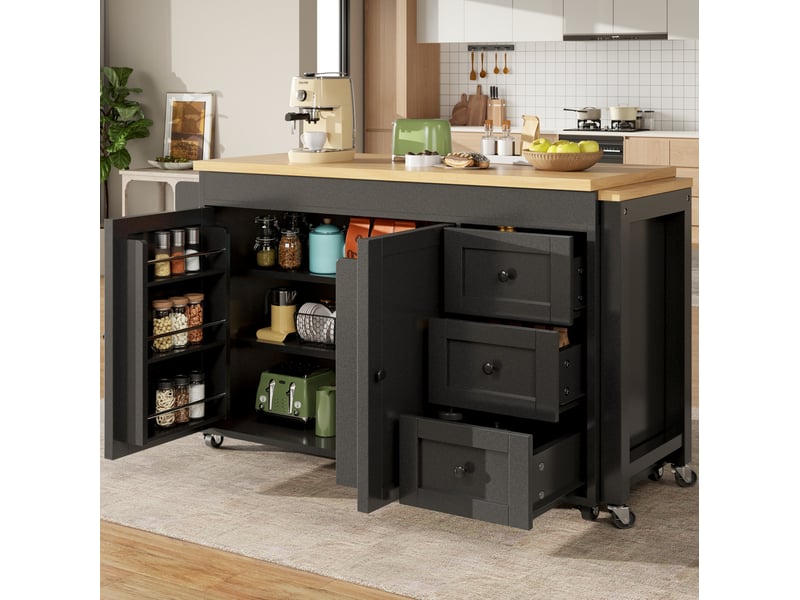  Desserte de cuisine extensible avec 3 tiroirs, 2 portes, étagères et roulettes freinées, noire, 116 × 45 × 89 cm  - Conforama D
