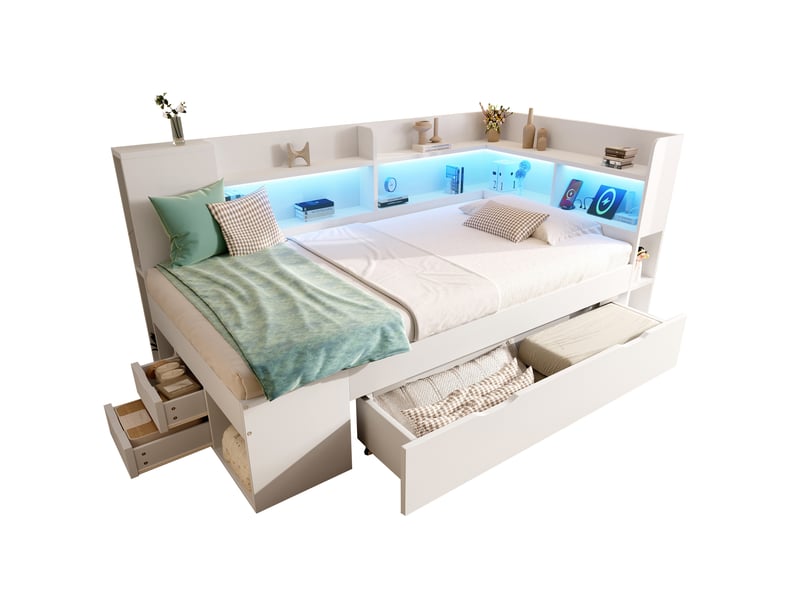  Lit de jour 90 x 200 cm blanc avec rangement, led, ports usb et matelas  - Conforama A