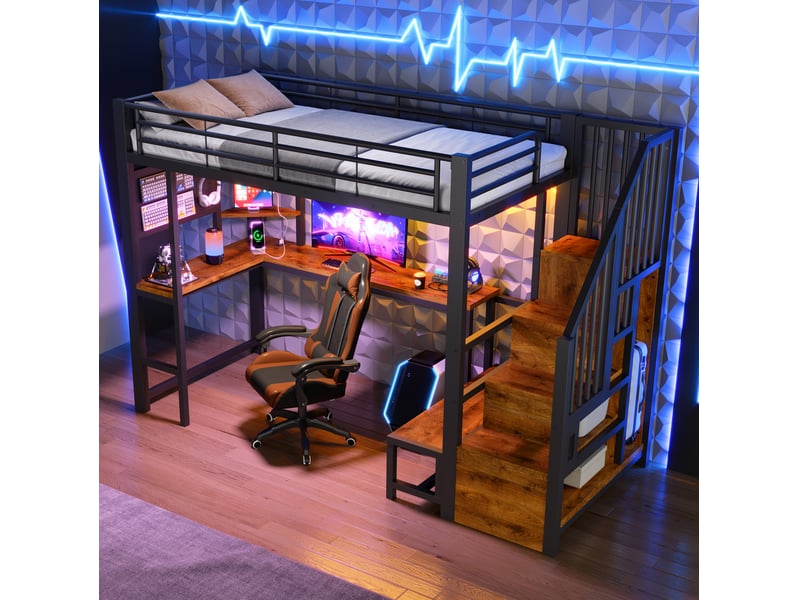  Lit mezzanine 90x200 cm avec bureau, rangements, led et ports usb noir  - Conforama E