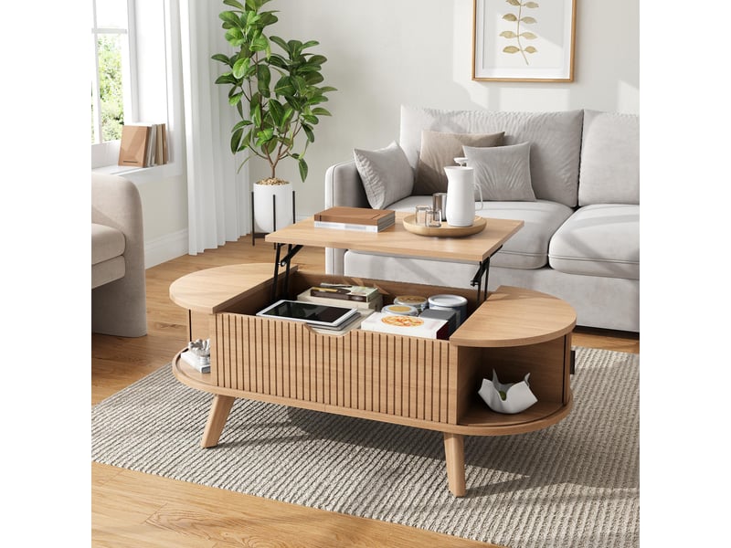 Table basse ovale 110 × 50 × 53,5 cm avec plateau relevable et rangement, naturel IKSETERA TRADING LTD - Conforama B