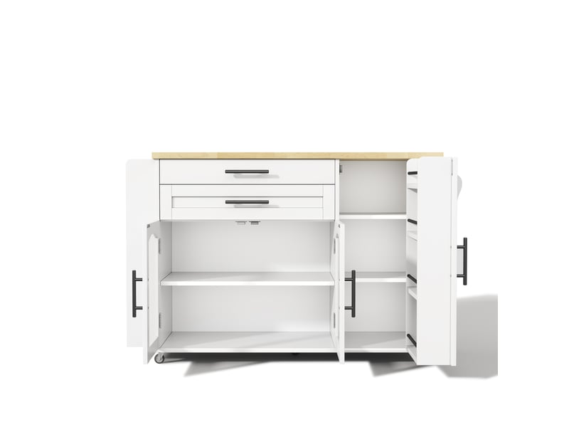  Desserte de cuisine avec 2 portes, 2 tiroirs, plateau rabattable et roues en mdf 120×45(70)×90 cm blanc naturel  - Conforama A