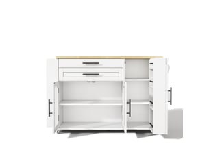 Desserte de cuisine avec 2 portes, 2 tiroirs, plateau rabattable et roues en mdf 120×45(70)×90 cm blanc naturel