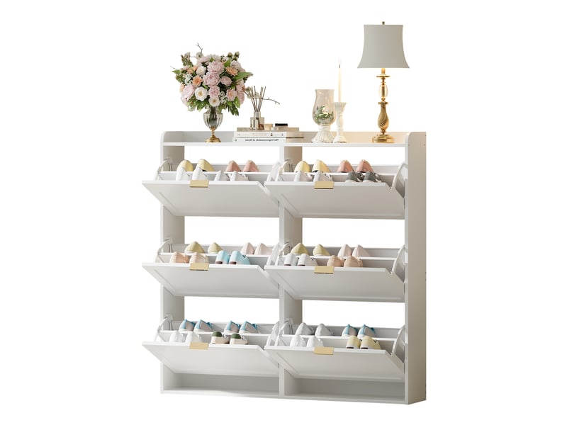 Meuble à chaussures ulevr à 6 abattants, rangement jusqu’à 30 paires, 120 x 23 x 118 cm, mdf et panneaux de particules, blanc - Conforama A