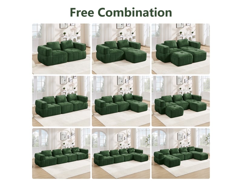  Canapé panoramique en u modulable 4 places avec 2 poufs - lpospi - accoudoirs larges, polyester vert  - Conforama E