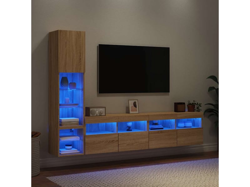 Meuble tv - unités murales tv avec led 4 pcs chêne sonoma bois d'ingénierie - Conforama B