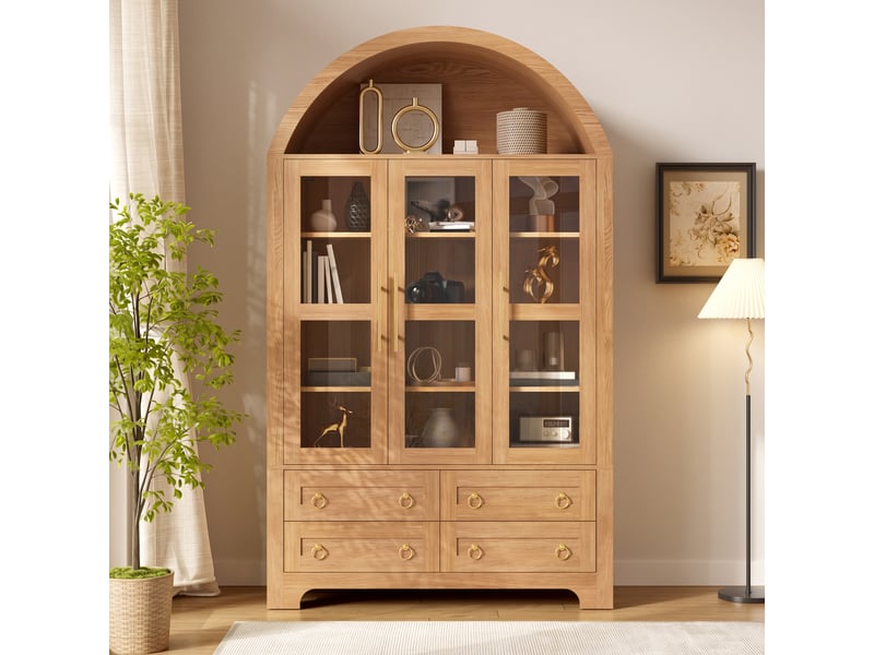  Buffet et armoire de salon avec 3 portes, 4 tiroirs et niche ouverte en arche, vaisselier avec poignées en aluminium, panneaux et mdf  - Conforama B