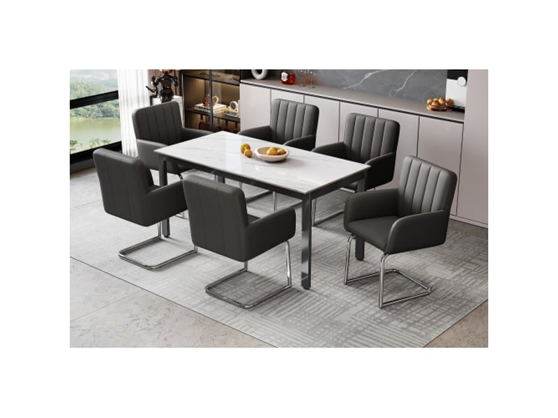  Ensemble de 2 chaises à manger à rayures verticales, assises rembourrées, pieds en métal zigzag, cuir synthétique noir  - Conforama E