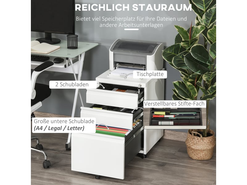  Caisson de classement mobile à 3 tiroirs, verrouillable, avec poignée concave, pour bureau ou bureau à domicile, 39 x 48 x 60 cm, blanc  - Conforama E