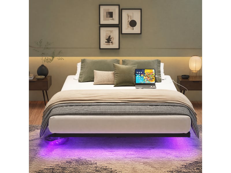  Lit double 120x200 cm éclairage led et station de charge en métal noir  - Conforama B