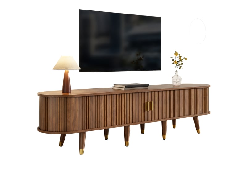  Meuble tv 175 cm avec porte coulissante effet rotin, meuble bas avec niches ouvertes, tiroirs et placard, style campagne en mdf, effet noyer OPULERANE TRADING LTD - Conforama A
