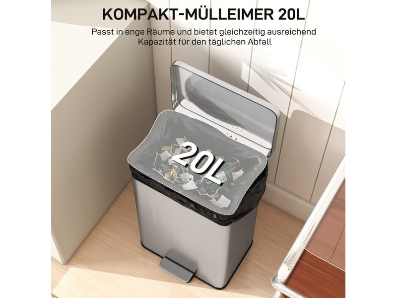 Poubelle à pédale 20 l 34,2 x 30,6 x 44,2 cm argent en acier inoxydable, couvercle à fermeture douce - Conforama E