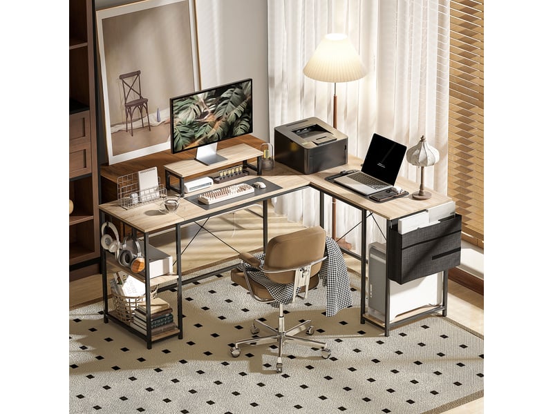  Bureau d'angle modulable réversible 168-240 cm style industriel - étagère réglable, sac de rangement, support d'écran  - Conforama B