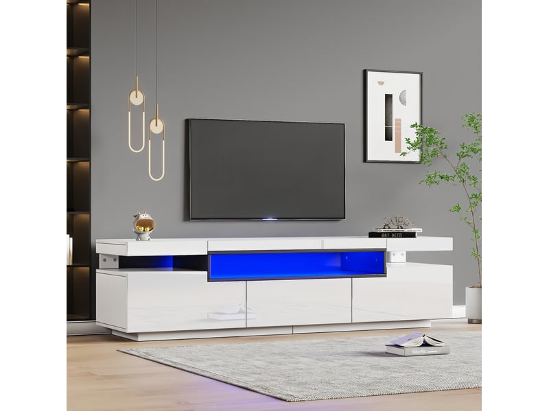  Meuble tv rangement 160 cm blanc laqué 3 tiroirs led 70 pouces salon moderne homvra  - Conforama C