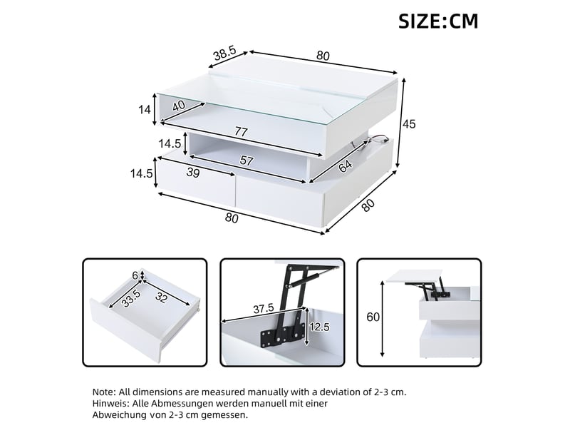  Table basse relevable 80x80x45 cm, 2 tiroirs, led, rangements, verre trempé, panneau de particules, blanc  - Conforama C