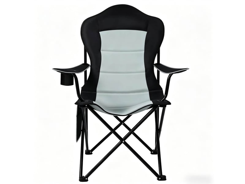  Fauteuil de camping pliant 84 x 62 x 110 cm – noir et gris clair – porte-gobelet et poche latérale  - Conforama D