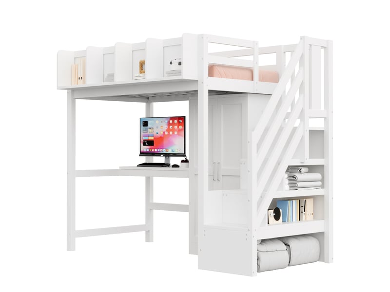  Lit mezzanine 90 x 200 cm avec bureau, armoire, led et rangements, blanc  - Conforama A