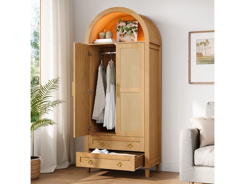 Armoire penderie 76x50x184cm, 2 portes effet rotin, led pilotable via appli, niche cintrée, tringle, 2 tiroirs, pieds en bois massif, coloris naturel - Conforama C