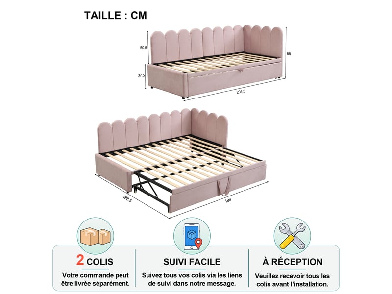  Lit gigogne simple 90×200 cm extensible 180×200 cm - okmyhome- en velours rose, sans matelas  - Conforama D
