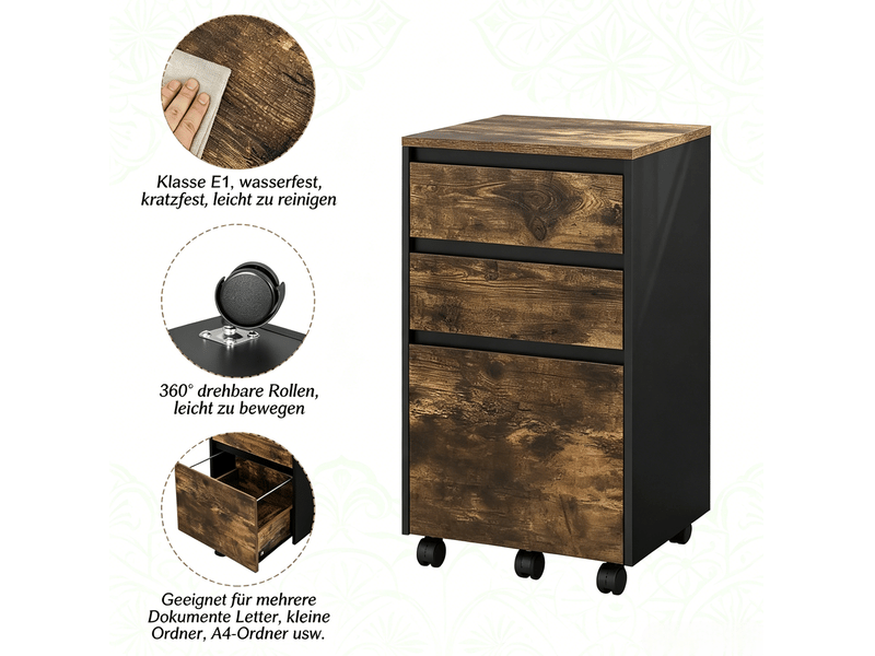  Caisson à roulettes avec 1 plateau 2 tiroirs et 1 grand tiroir style industriel pour bureau et chambre en bois noir  - Conforama E