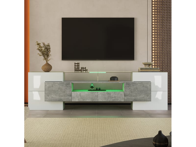  Meuble tv modenvie 200 x 35 x 60 cm avec led multicolore blanc brillant et effet béton gris  - Conforama D