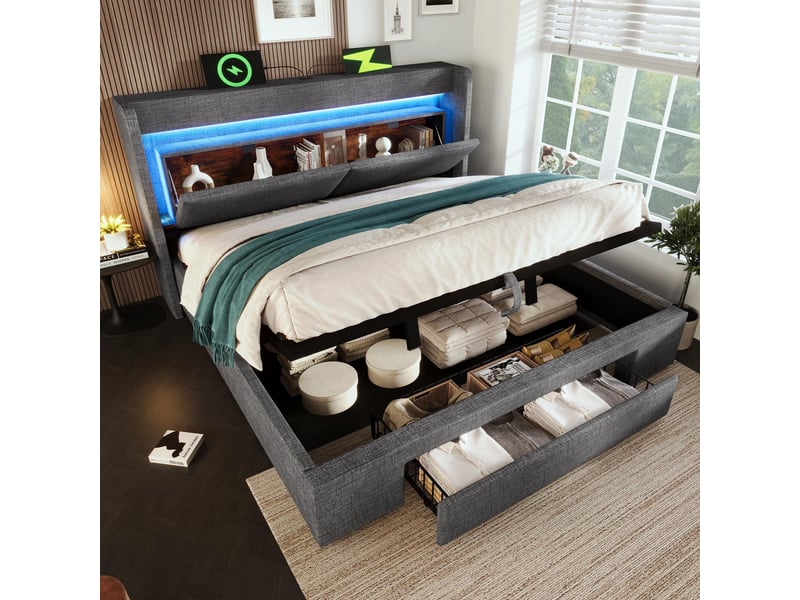 Lit coffre 140x200 cm, rangement hydraulique, tiroirs, tête de lit avec rangement, éclairage led, usb et usb-c pour chambre - gris  - Conforama B