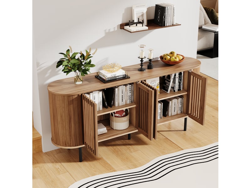  Buffet bas 4 portes perforées avec étagères réglables, pieds métal, fermeture douce, mdf naturel 160 × 40 × 70 cm  - Conforama D