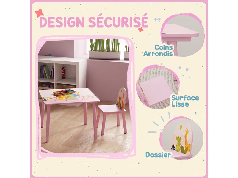  Table enfant avec chaise, ensemble table et 2 chaises en bois pour dessiner, jouer, rose, étudier  - Conforama E