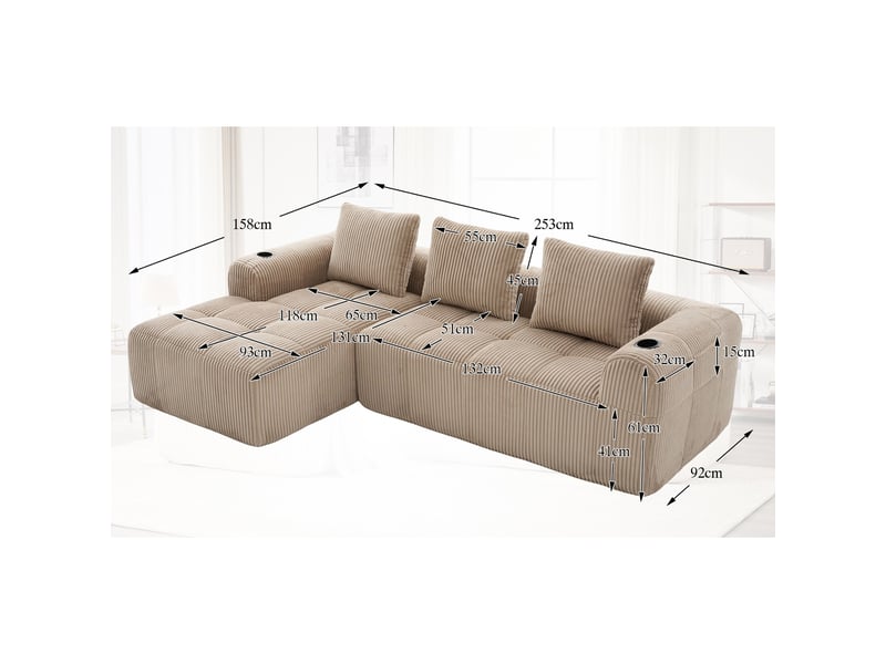 Canapé modulable, 3 places, avec accoudoirs, revêtement en velours côtelé, , sans assemblage, kaki  - Conforama E