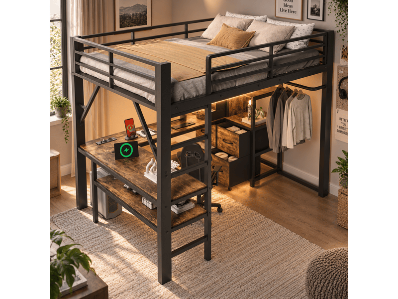  Lit mezzanine 140x200 cm avec bureau d'angle, led, 7 tiroirs en tissu, penderie, prises euusb-c, en 747, sans matelas, brun vintage et noir OPULERANE TRADING LTD - Conforama E