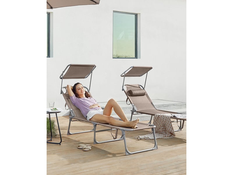  Lot de 2 transats de jardin pliables confortables avec dossiers inclinables 55 x 193 x 31 cm en tissu taupe  - Conforama B
