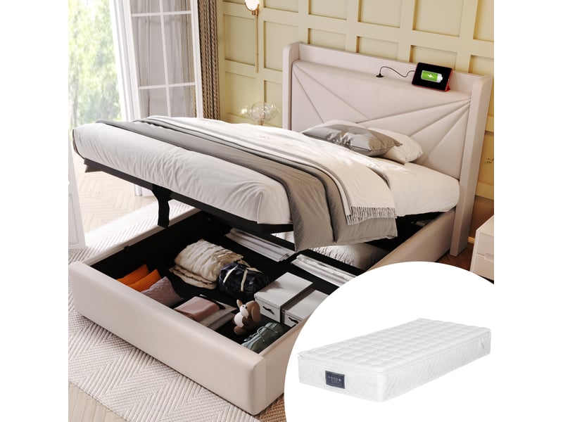  Lit coffre 1 place 90 x 200 cm beige avec tête de lit et ports usbtype-c  - Conforama B