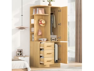 Armoire 70x50x170 cm à 1 porte avec étagères, tiroirs et crochets, coloris bois naturel
