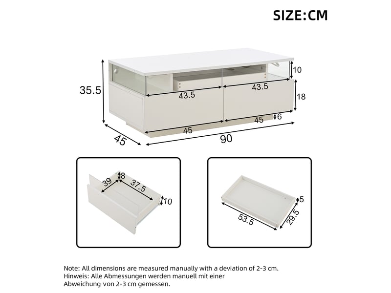  Table basse 90x45x35,5cm plateau amovible 2 tiroirs acrylique verre trempé led pilotable panneau de particules blanc  - Conforama C