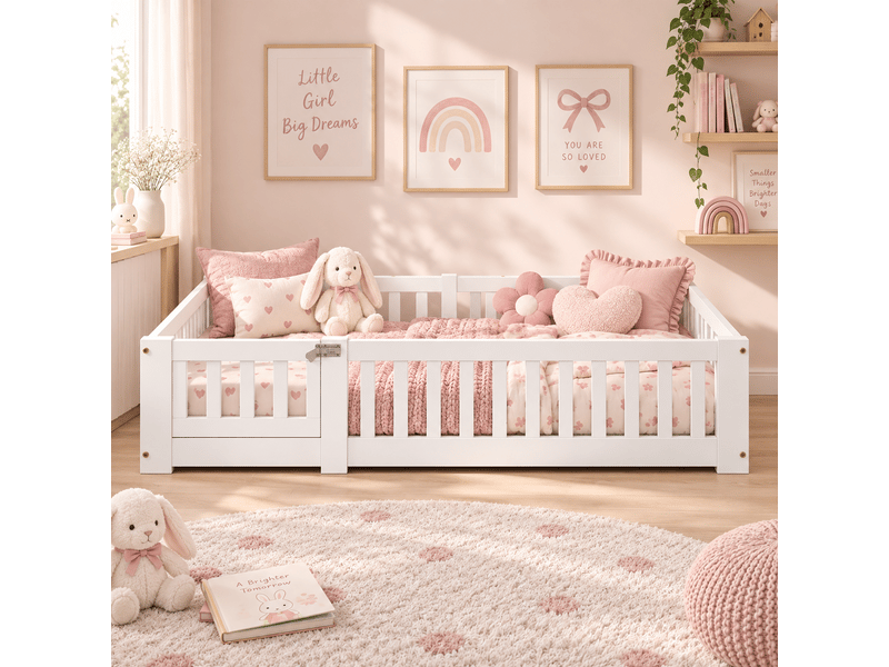  Lit au sol enfant 90x200, lit montessori au sol en bois massif avec barrière de sécurité et sommier à lattes  - Conforama B