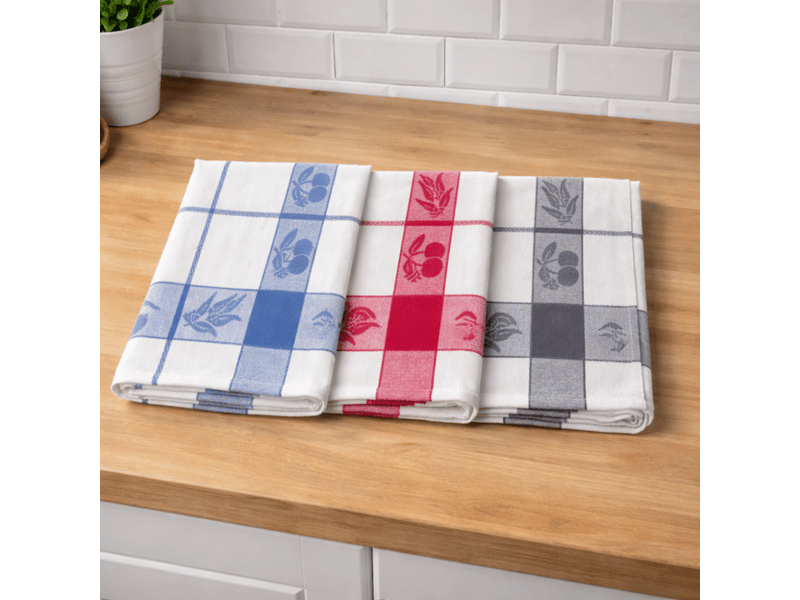  Lot de 6 torchons à carreaux motif cerises bleu, rouge et gris 100% coton jacquard 50x70cm  - Conforama C
