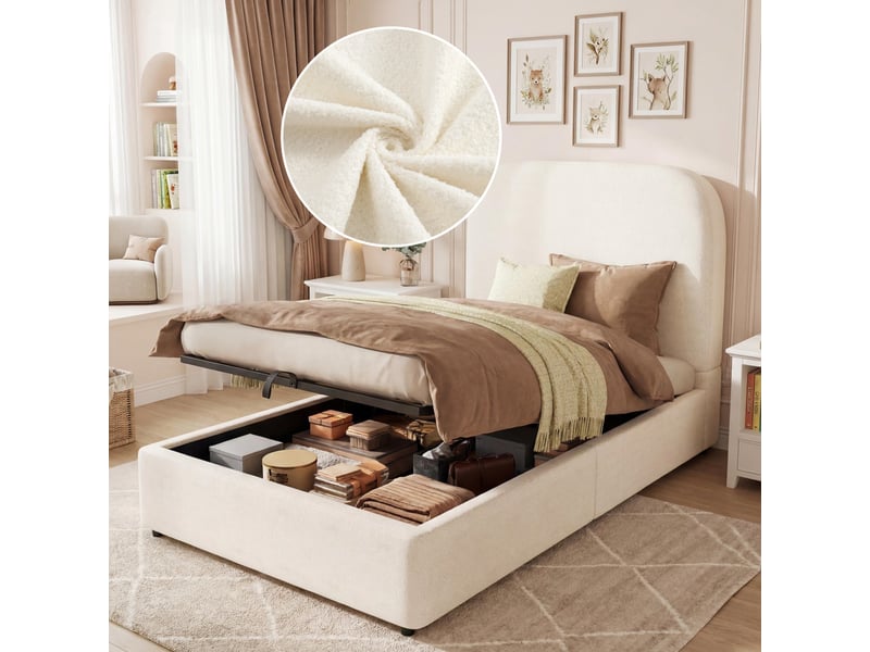 Lit enfant 90x200 cm avec sommier à lattes, lit réglable hydrauliquement avec tête de lit, lit adulte lit 1 personne, beige - Conforama A