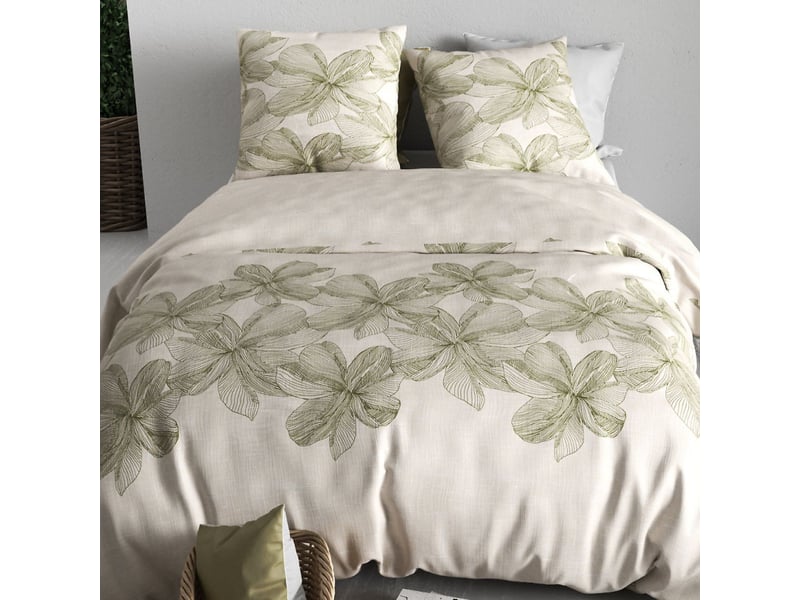  Parure housse de couette 240x220cm + 2 taies motif fleurs beige et vert 100% coton - artus ARTUS - Conforama C