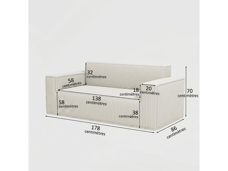  Canapé 2 places blanc en velours côtelé, canapé moderne sans pieds, 178 x 86 x 70 cm  - Conforama C