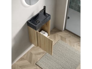 Meuble salle de bain suspendu 40cm avec vasque en marbre noir et porte couleur chêne blanc