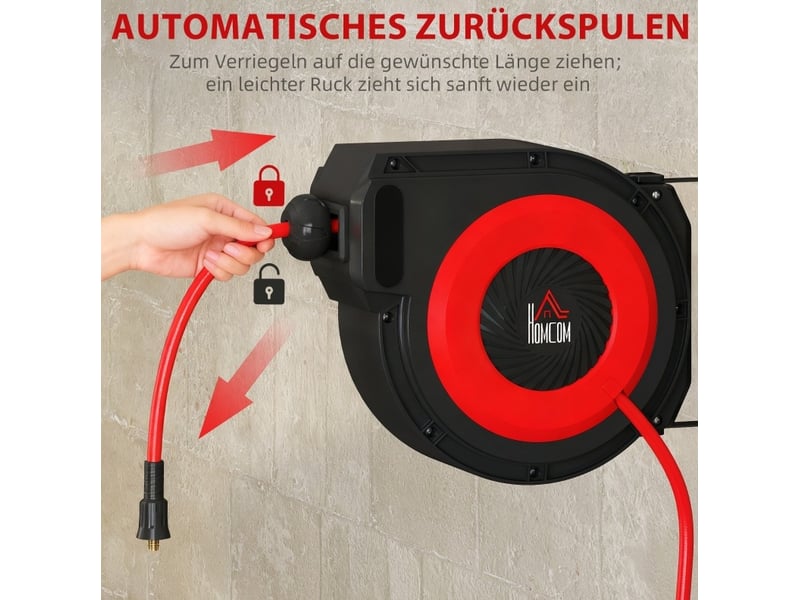  Enrouleur de tuyau pneumatique 16,5 m rouge et noir en plastique, support mural pivotant et retour automatique  - Conforama E
