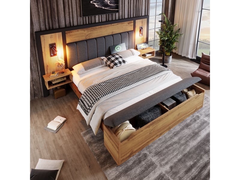 Lit coffre double 160x200 cm avec matelas inclus, banc de rangement, lampes de lecture, tables de chevet intégrées avec usb type-c, sommier à lattes en métal, cadre bois et tissu lin - effet chêne - Conforama E