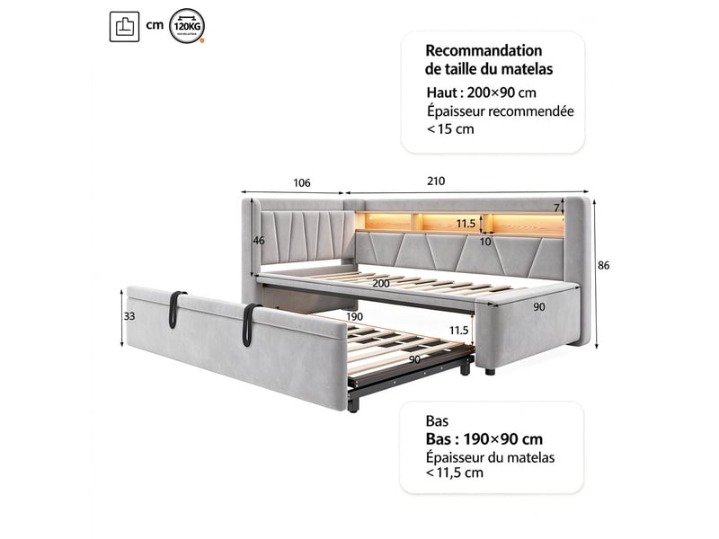  Lit banquette extensible 90 à 180 × 200 cm en velours gris, usb et led IKSETERA TRADING LTD - Conforama C