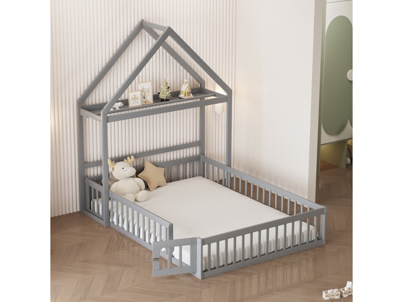  Lit double 140 x 200 cm avec barrières de sécurité et portes, cadre de lit enfant en bois massif, lit 2 personnes, gris  - Conforama A