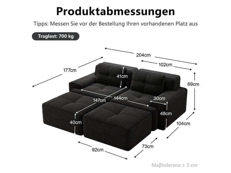  Canapé modulable d'angle en l,204x179x69cm,canapé 2 places sans structure avec 2 pouf,en velours côtelé,rembourrage haute densité 32d - noir  - Conforama C